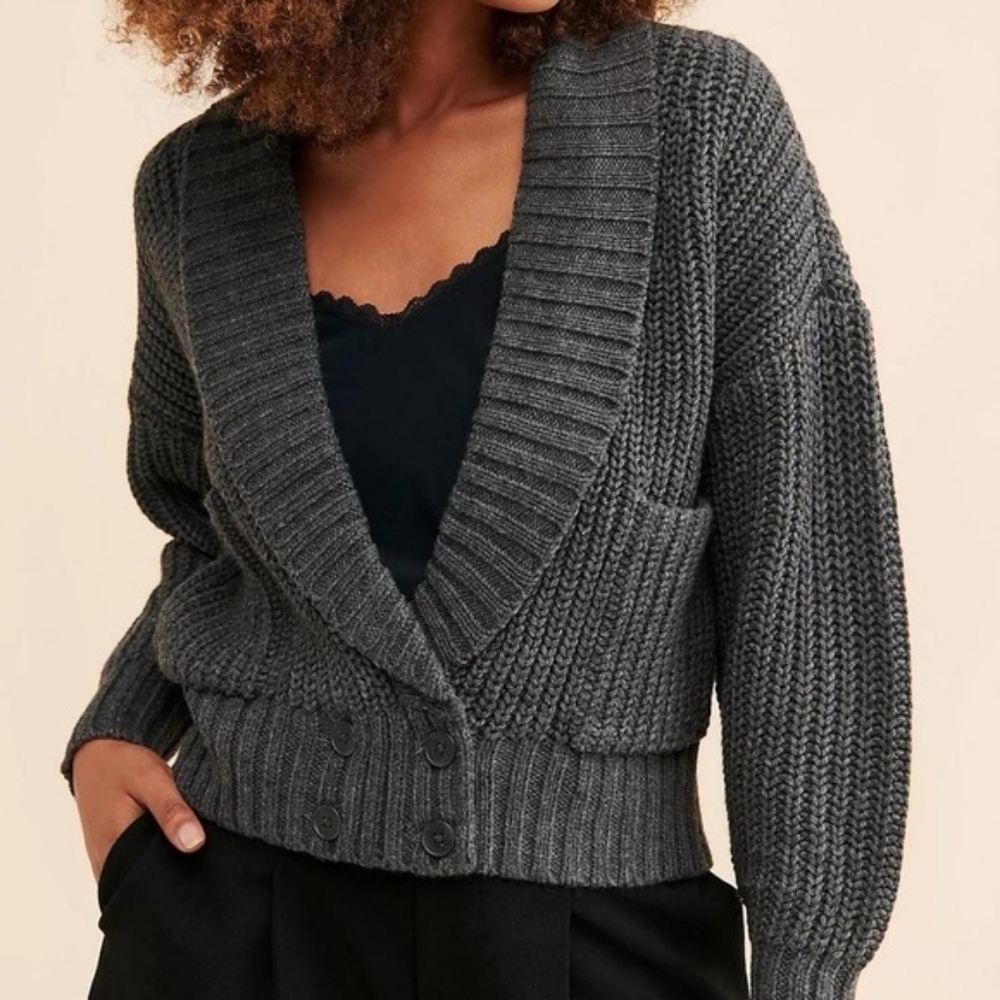 Anthropologie Deep V Cardigan Sweater Button Gray Carbon Oversized Chunky Knit - Picture 1 of 13